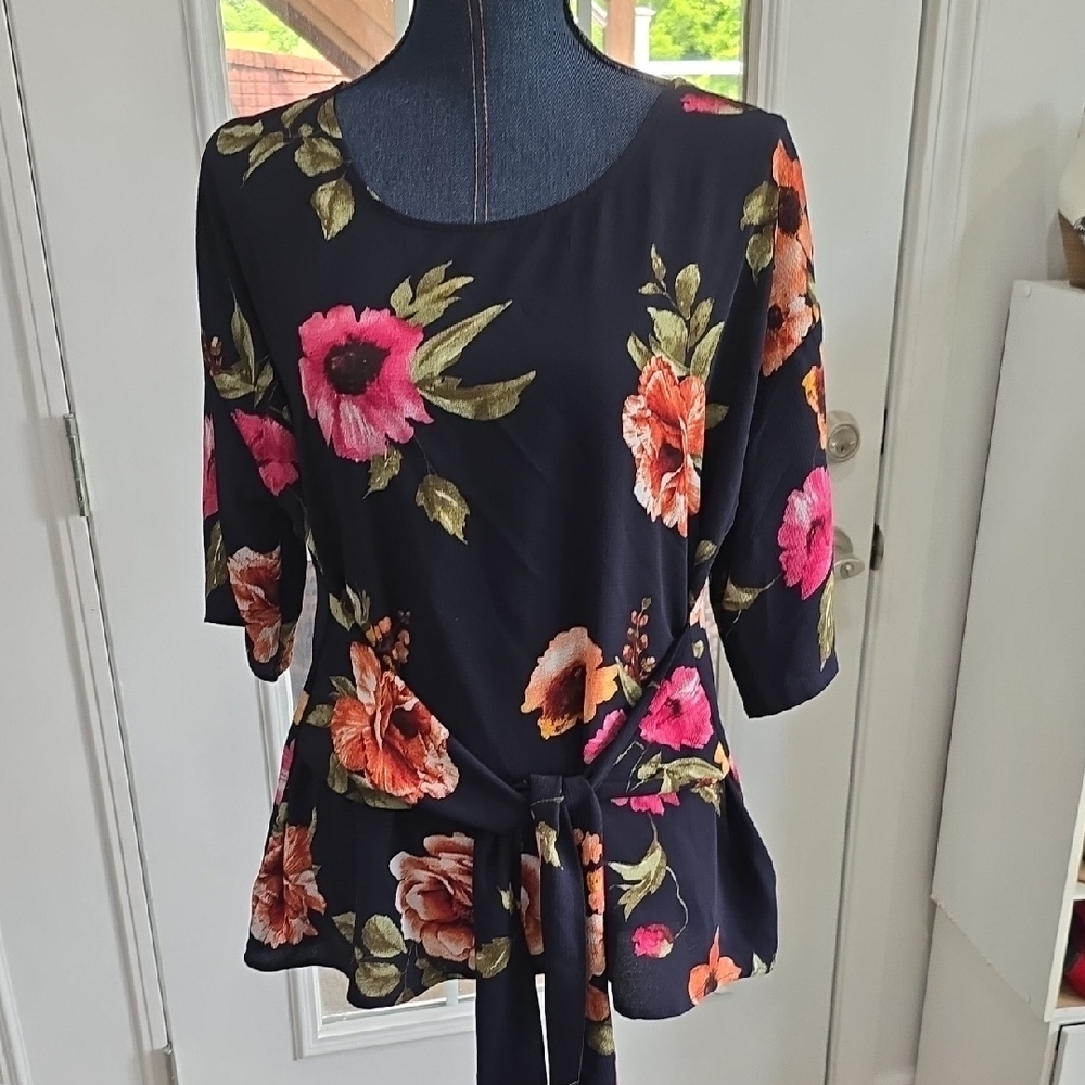 West Kei Black and Pink 3/4 Sleeve Peplum Blouse